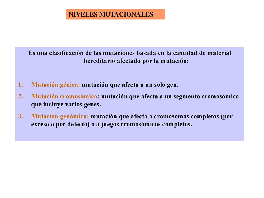 NIVELES MUTACIONALES Es una clasificación de las mutaciones basada en la cantidad de material hereditario afectado por la mutación: