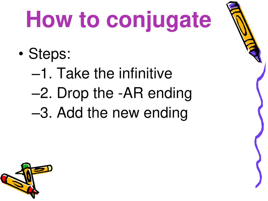 How to conjugate Steps: 1. Take the infinitive 2. Drop the -AR ending
