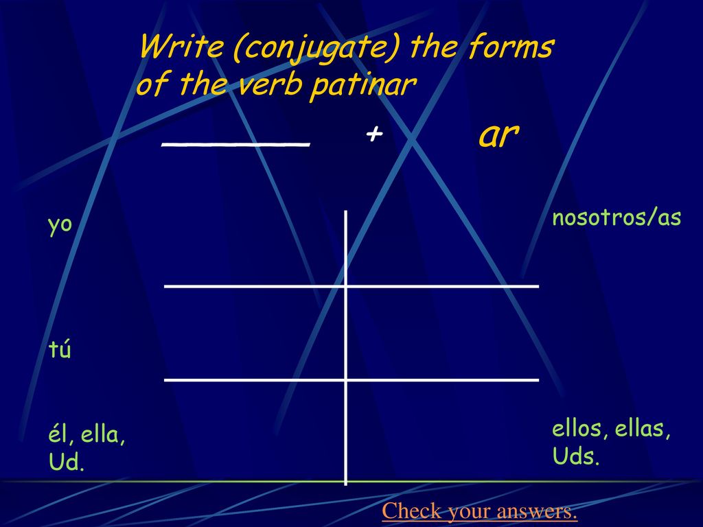 ______ + ar Write (conjugate) the forms of the verb patinar