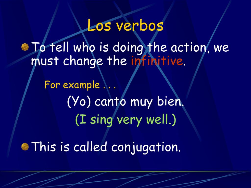 Los verbos To tell who is doing the action, we must change the infinitive. For example (Yo) canto muy bien.