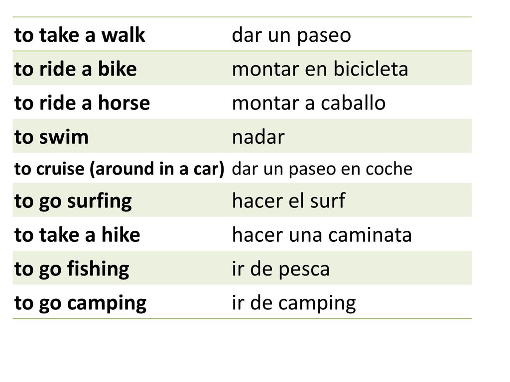 to take a walk dar un paseo to ride a bike montar en bicicleta