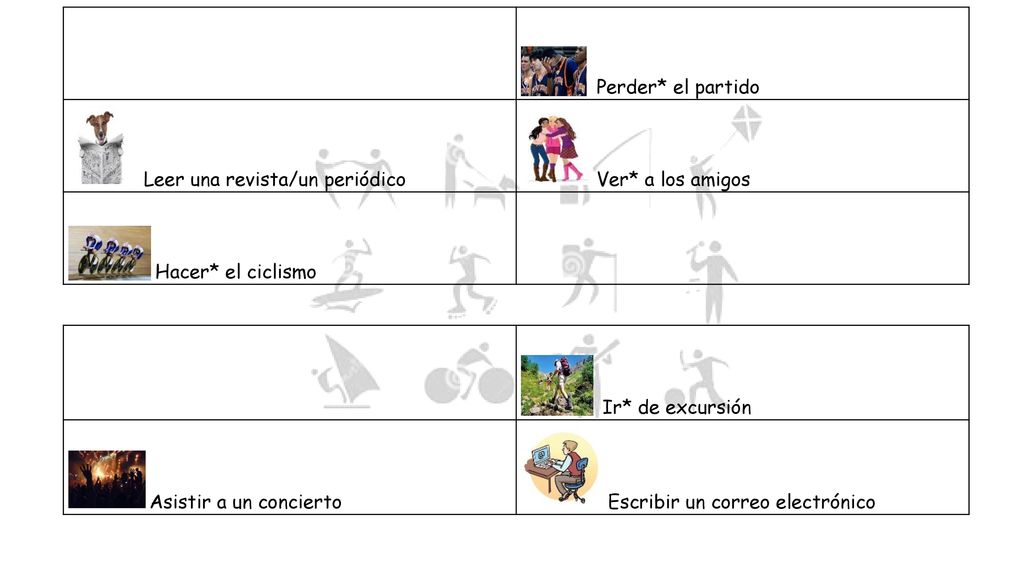 Perder* el partido Leer una revista/un periódico. Ver* a los amigos. Hacer* el ciclismo. Ir* de excursión.