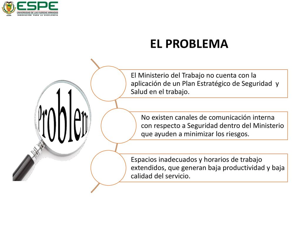 EL PROBLEMA El Ministerio del Trabajo no cuenta con la aplicación de un Plan Estratégico de Seguridad y Salud en el trabajo.