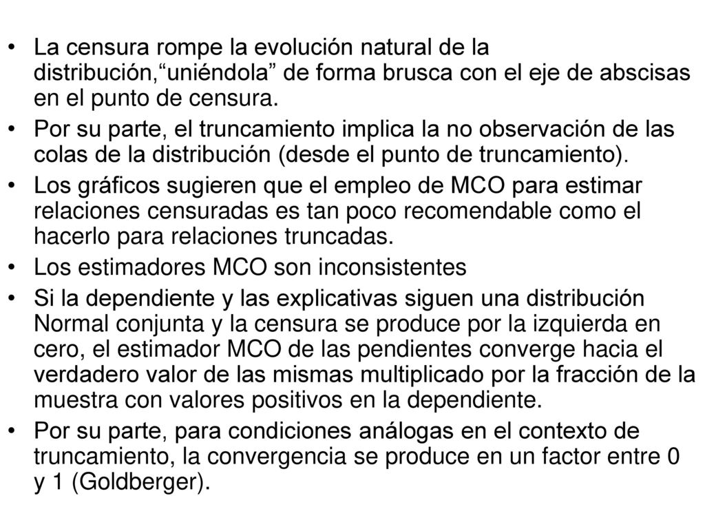 La censura rompe la evolución natural de la distribución, uniéndola de forma brusca con el eje de abscisas en el punto de censura.