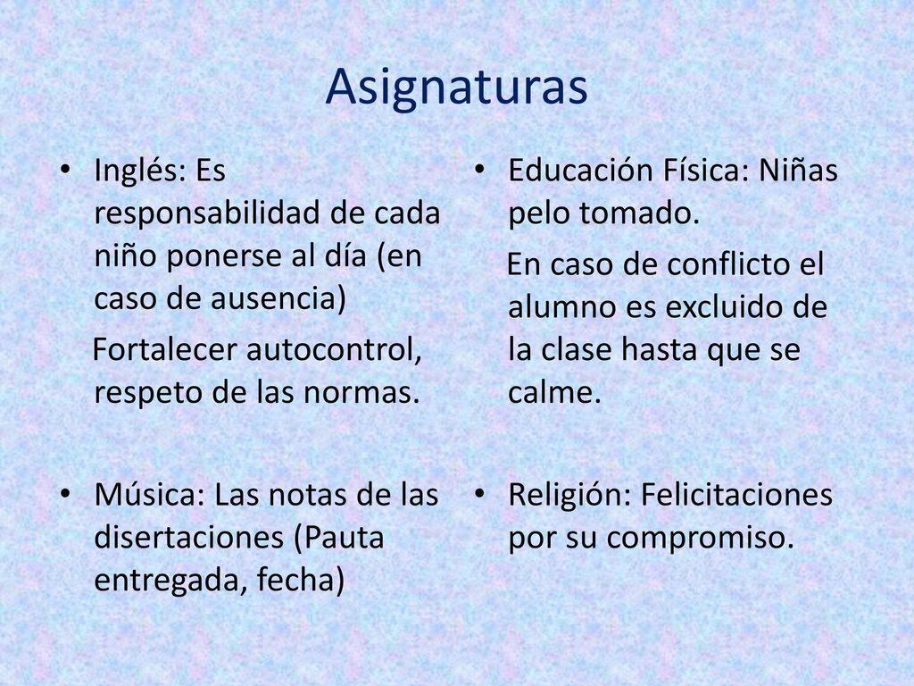 Asignaturas Inglés: Es responsabilidad de cada niño ponerse al día (en caso de ausencia) Fortalecer autocontrol, respeto de las normas.