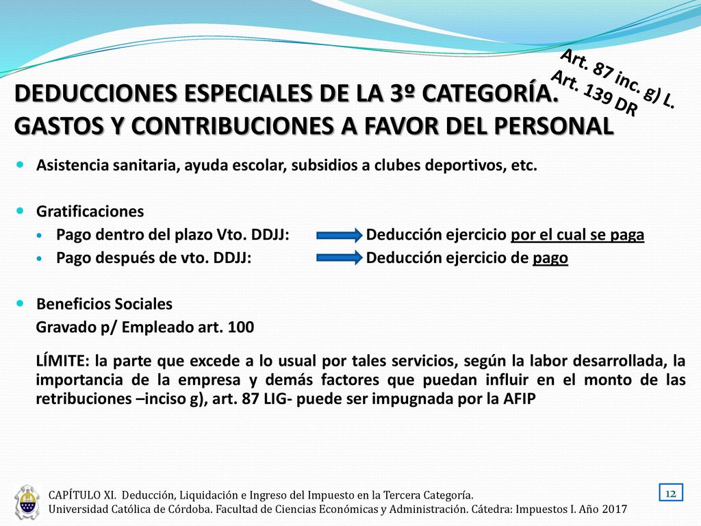 Art. 87 inc. g) L. Art. 139 DR. DEDUCCIONES ESPECIALES DE LA 3º CATEGORÍA. GASTOS Y CONTRIBUCIONES A FAVOR DEL PERSONAL.