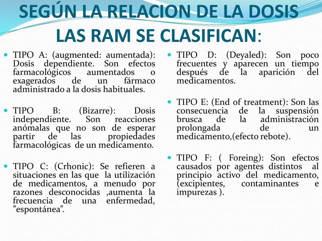 SEGÚN LA RELACION DE LA DOSIS LAS RAM SE CLASIFICAN: