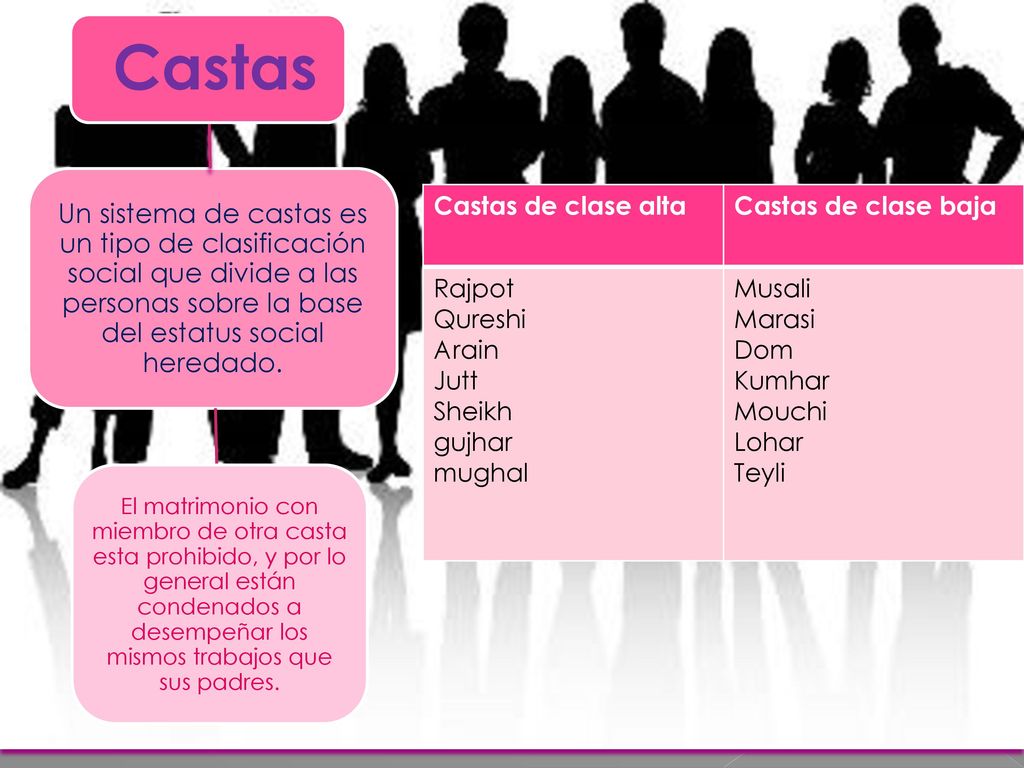 Un sistema de castas es un tipo de clasificación social que divide a las personas sobre la base del estatus social heredado.