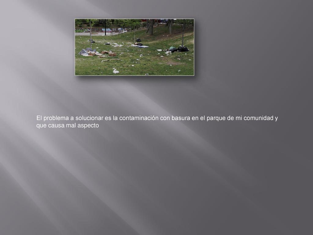 El problema a solucionar es la contaminación con basura en el parque de mi comunidad y que causa mal aspecto