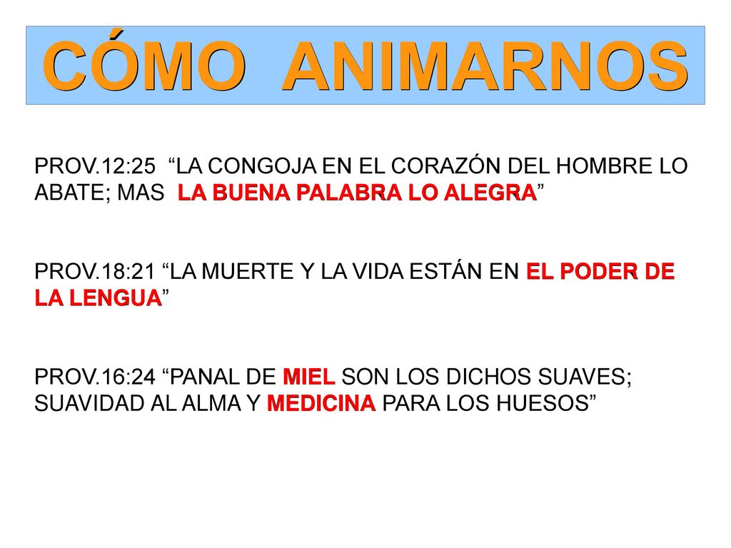 CÓMO ANIMARNOS PROV.12:25 LA CONGOJA EN EL CORAZÓN DEL HOMBRE LO ABATE; MAS LA BUENA PALABRA LO ALEGRA