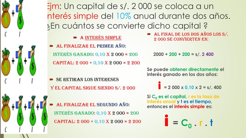 Ejm: Un capital de s/ se coloca a un interés simple del 10% anual durante dos años. ¿En cuántos se convierte dicho capital