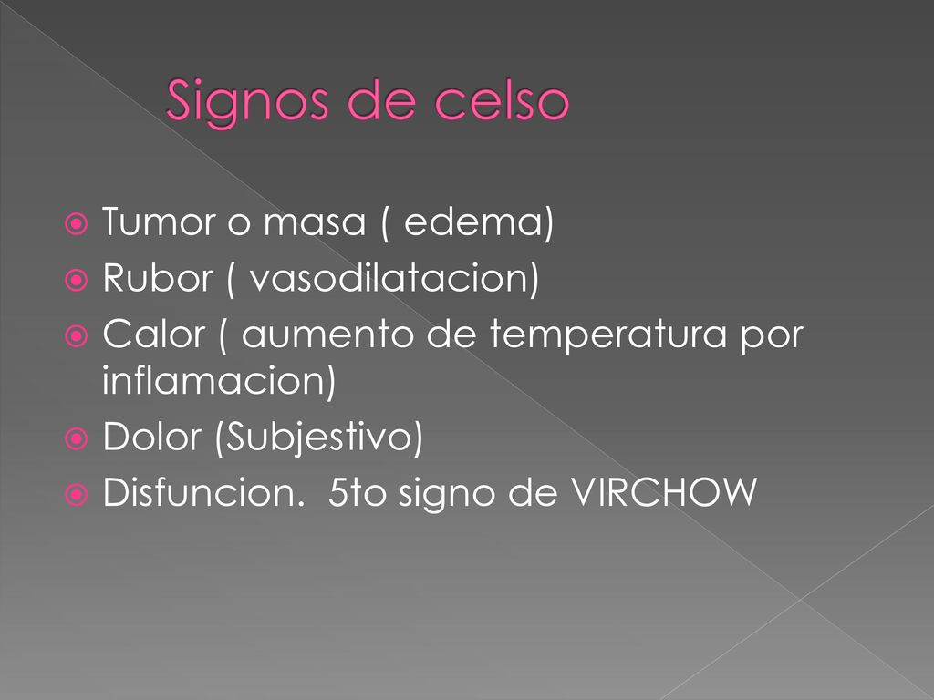 Signos de celso Tumor o masa ( edema) Rubor ( vasodilatacion)