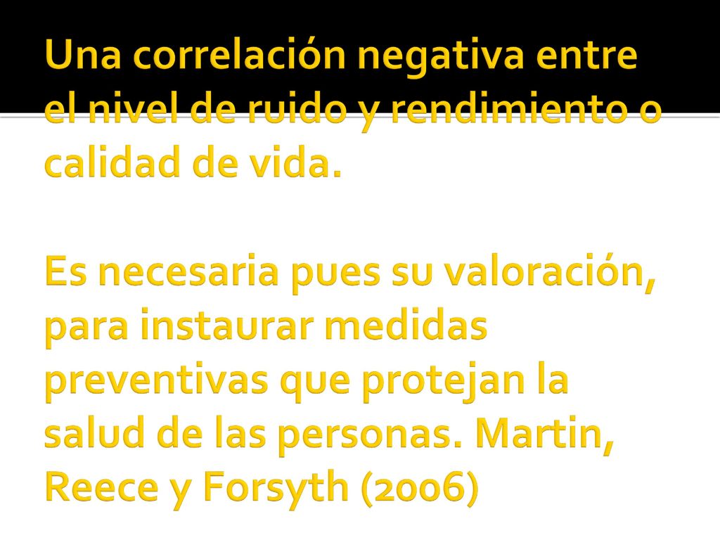 Una correlación negativa entre el nivel de ruido y rendimiento o calidad de vida.