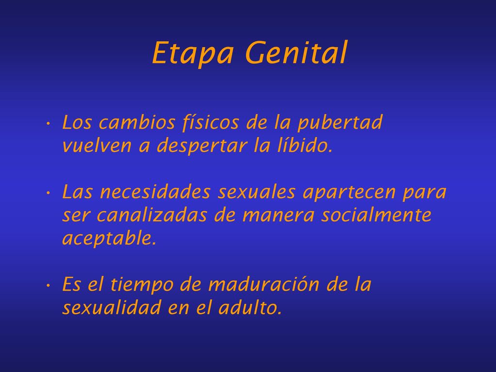 Etapa Genital Los cambios físicos de la pubertad vuelven a despertar la líbido.