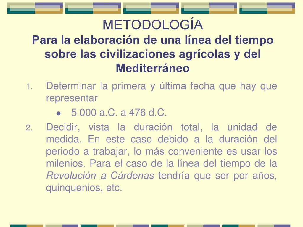 METODOLOGÍA Para la elaboración de una línea del tiempo sobre las civilizaciones agrícolas y del Mediterráneo