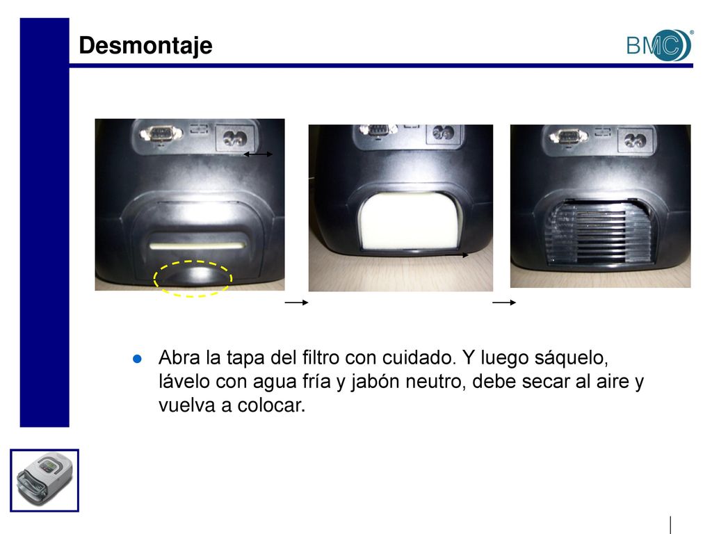 Desmontaje Pulse el botón en la parte posterior del dispositivo principal, y luego tire el humidificador térmico hacia afuera.