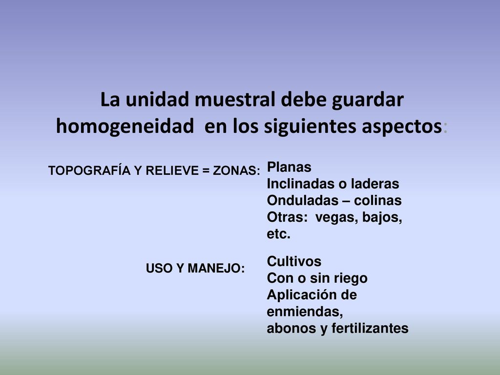 La unidad muestral debe guardar homogeneidad en los siguientes aspectos: