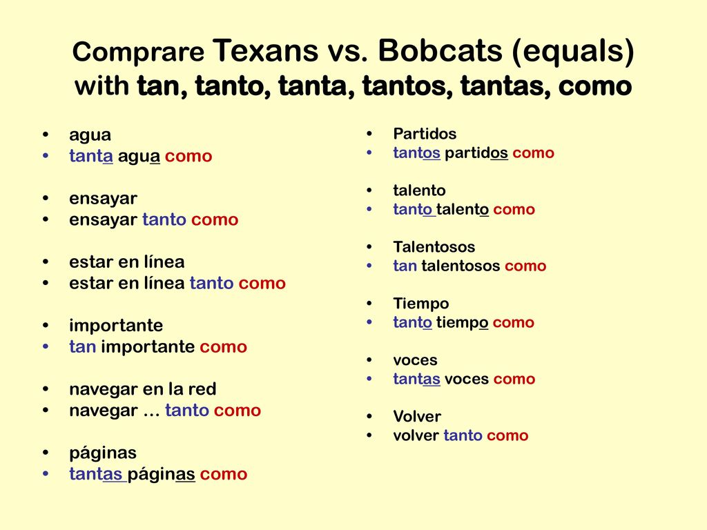 Comprare Texans vs. Bobcats (equals) with tan, tanto, tanta, tantos, tantas, como