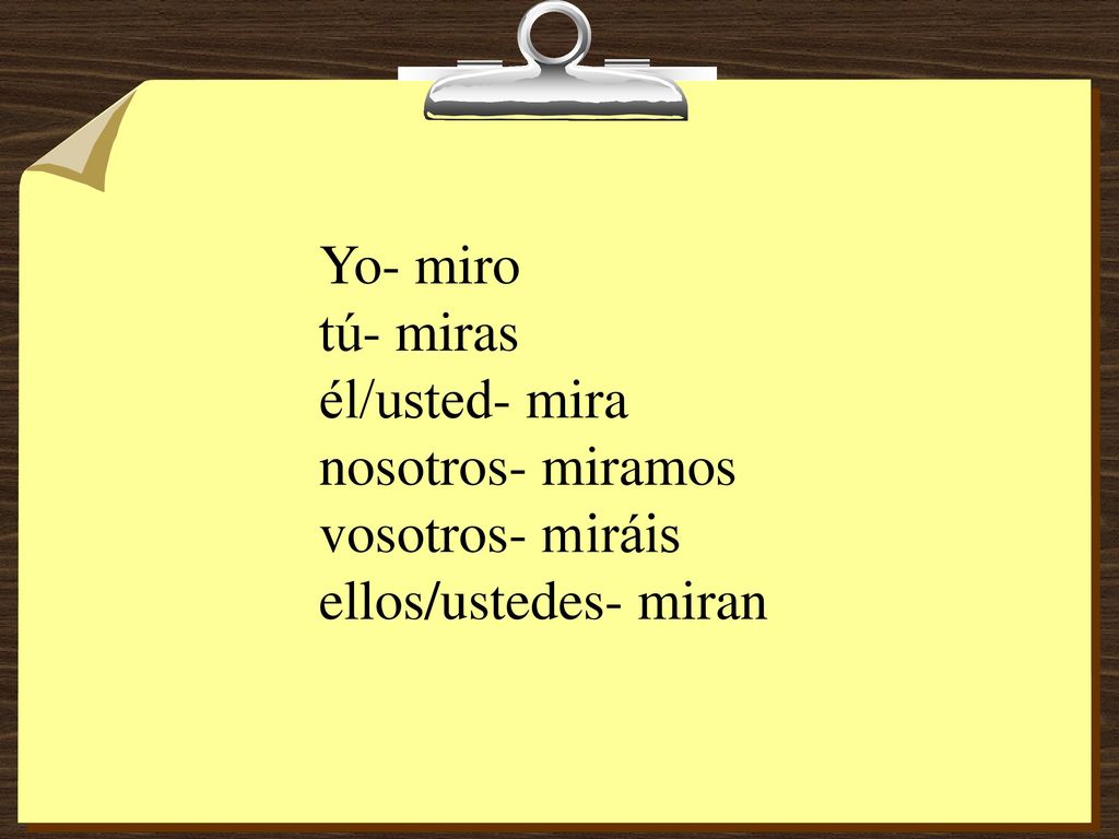 Yo- miro tú- miras él/usted- mira nosotros- miramos vosotros- miráis ellos/ustedes- miran