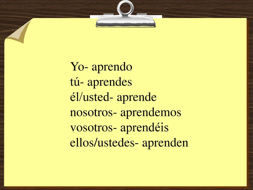 Yo- aprendo tú- aprendes él/usted- aprende nosotros- aprendemos vosotros- aprendéis ellos/ustedes- aprenden