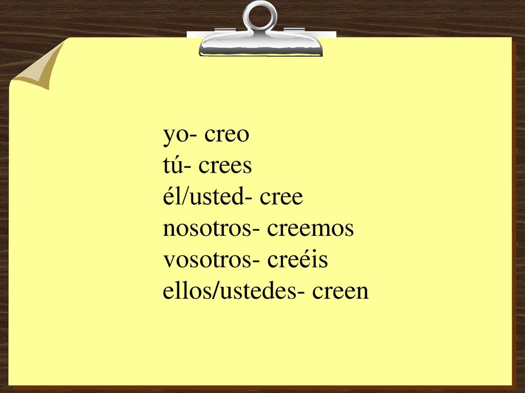 yo- creo tú- crees él/usted- cree nosotros- creemos vosotros- creéis ellos/ustedes- creen