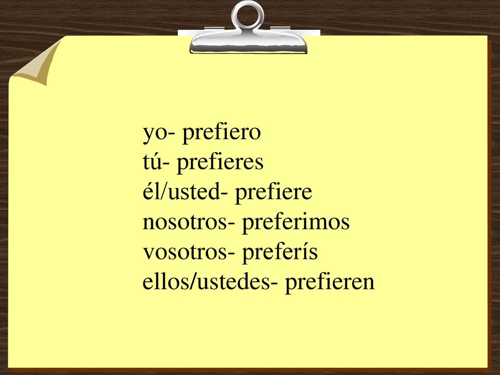 yo- prefiero tú- prefieres él/usted- prefiere nosotros- preferimos vosotros- preferís ellos/ustedes- prefieren