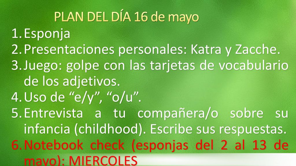 PLAN DEL DÍA 16 de mayo Esponja. Presentaciones personales: Katra y Zacche. Juego: golpe con las tarjetas de vocabulario de los adjetivos.