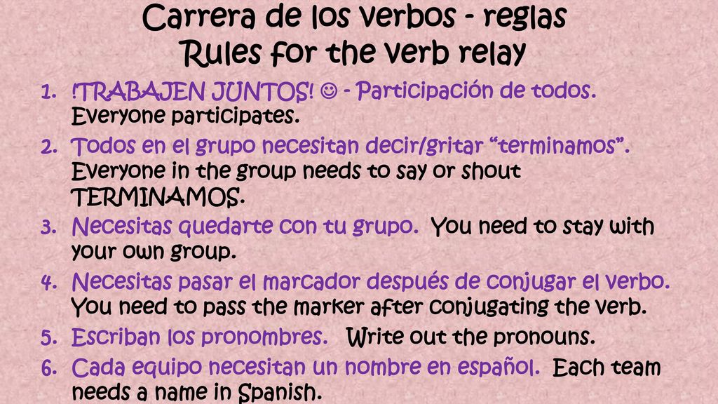 Carrera de los verbos - reglas Rules for the verb relay