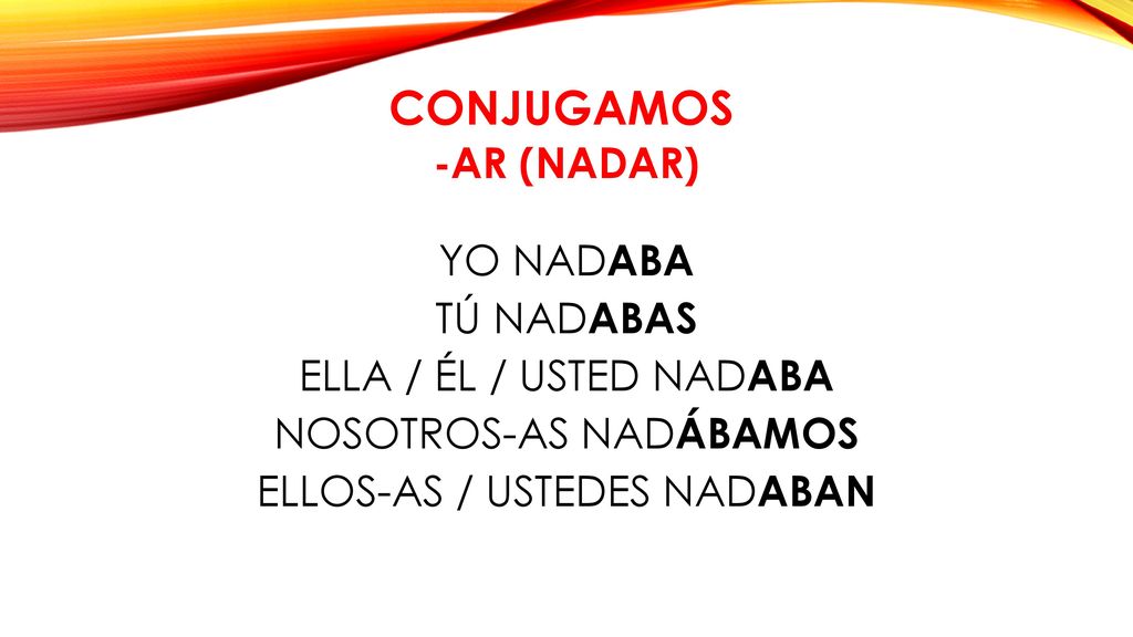 CONJUGAMOS -AR (NADAR) YO NADABA TÚ NADABAS ELLA / ÉL / USTED NADABA NOSOTROS-AS NADÁBAMOS ELLOS-AS / USTEDES NADABAN