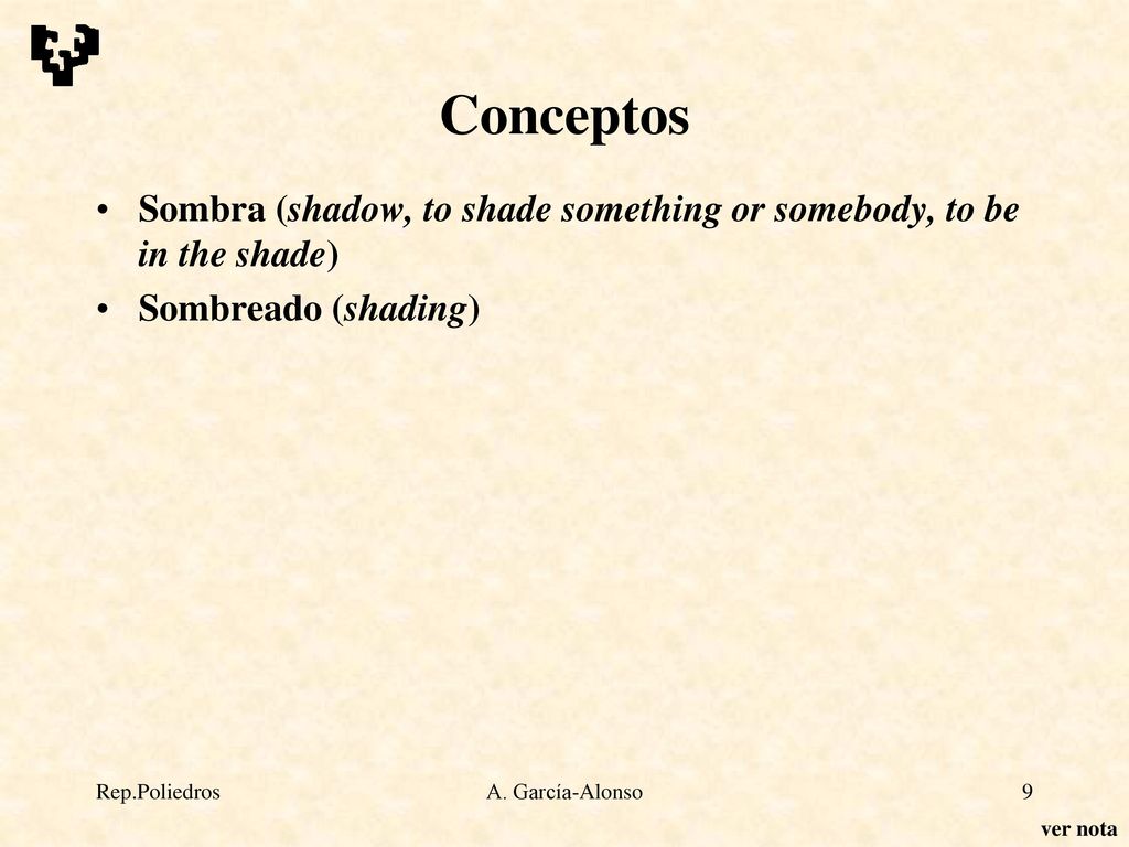 Conceptos Sombra (shadow, to shade something or somebody, to be in the shade) Sombreado (shading) Shade.