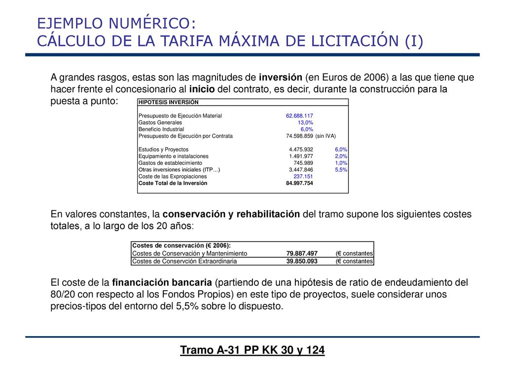 EJEMPLO NUMÉRICO: CÁLCULO DE LA TARIFA MÁXIMA DE LICITACIÓN (I)