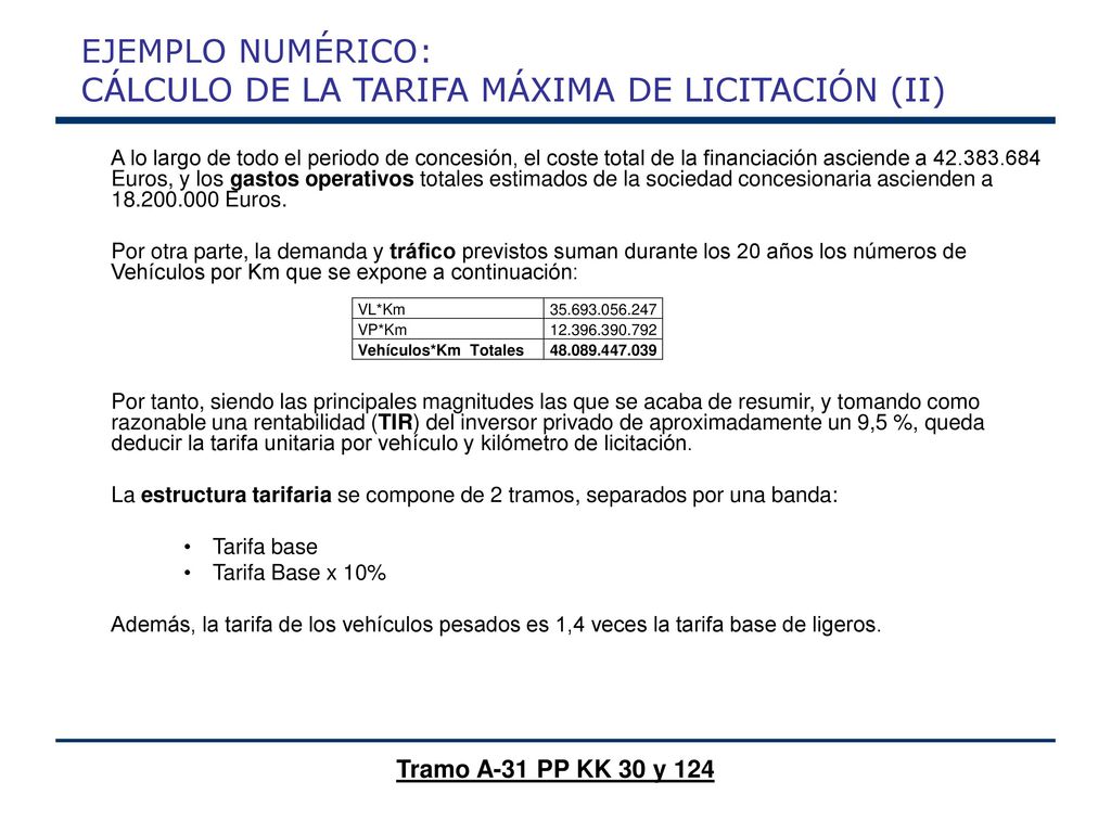 EJEMPLO NUMÉRICO: CÁLCULO DE LA TARIFA MÁXIMA DE LICITACIÓN (II)