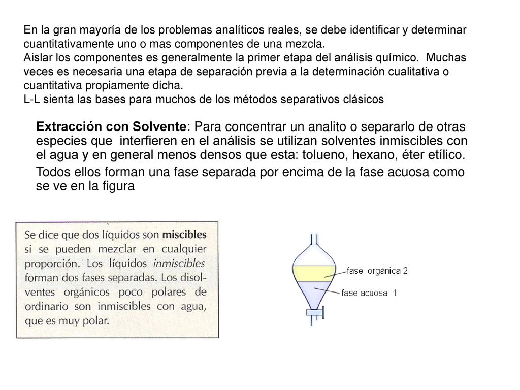 En la gran mayoría de los problemas analíticos reales, se debe identificar y determinar cuantitativamente uno o mas componentes de una mezcla. Aislar los componentes es generalmente la primer etapa del análisis químico. Muchas veces es necesaria una etapa de separación previa a la determinación cualitativa o cuantitativa propiamente dicha. L-L sienta las bases para muchos de los métodos separativos clásicos