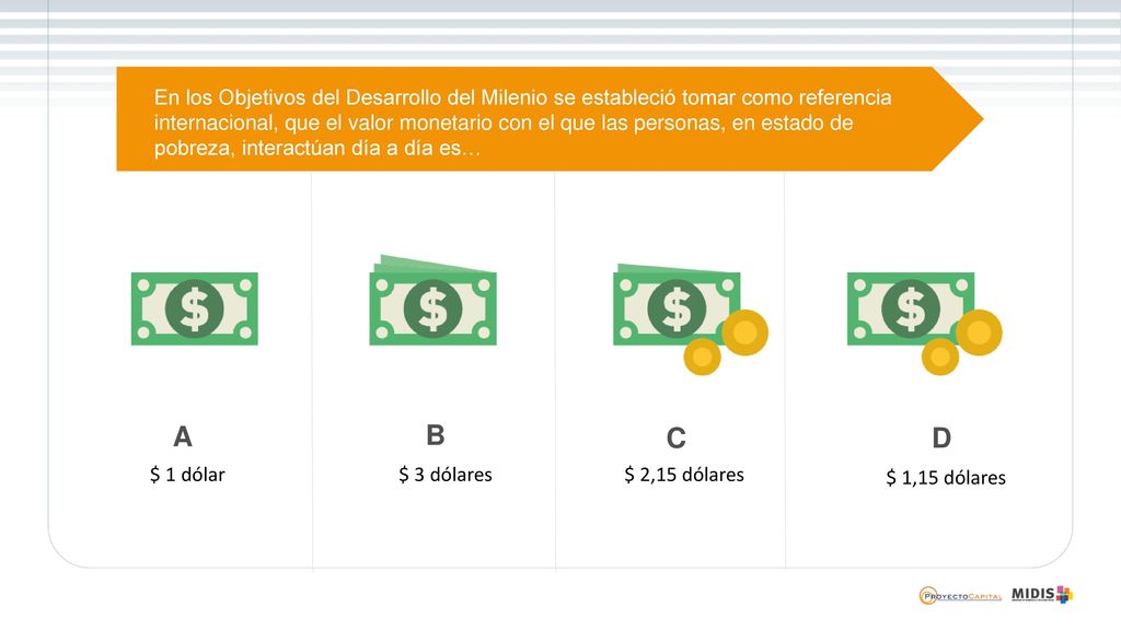 En los Objetivos del Desarrollo del Milenio se estableció tomar como referencia internacional, que el valor monetario con el que las personas, en estado de pobreza, interactúan día a día es…