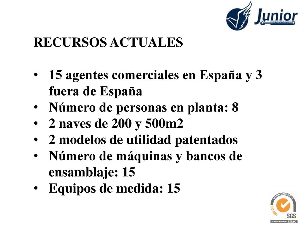 RECURSOS ACTUALES 15 agentes comerciales en España y 3 fuera de España. Número de personas en planta: 8.