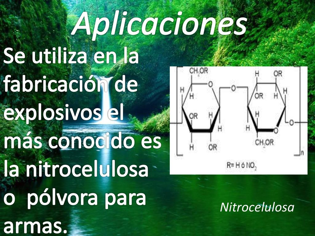 Aplicaciones Se utiliza en la fabricación de explosivos el más conocido es la nitrocelulosa o pólvora para armas.