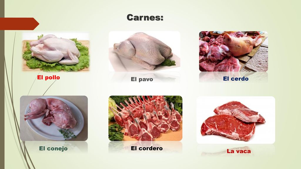 Carnes: El pollo El pavo El cerdo El conejo El cordero La vaca