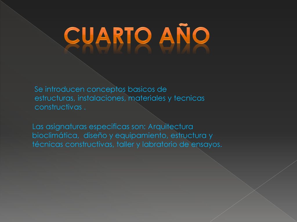 CUARTO AÑO Se introducen conceptos basicos de estructuras, instalaciones, materiales y tecnicas constructivas .