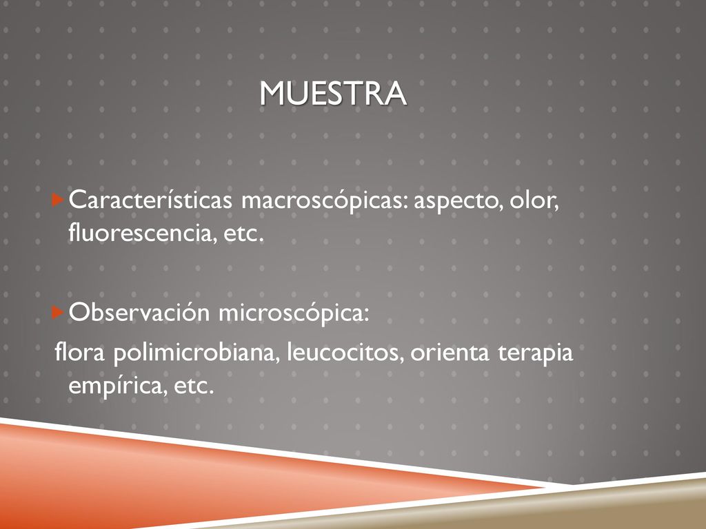 Muestra Características macroscópicas: aspecto, olor, fluorescencia, etc. Observación microscópica: