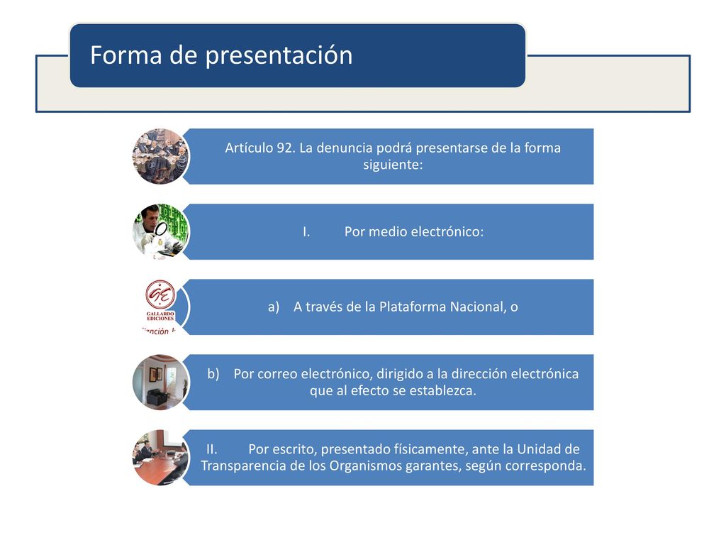 Artículo 92. La denuncia podrá presentarse de la forma siguiente: