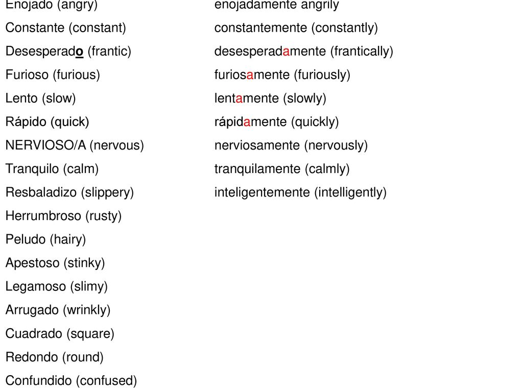 ADJECTIVES: ADVERBS: Enojado (angry) enojadamente angrily. Constante (constant) constantemente (constantly)