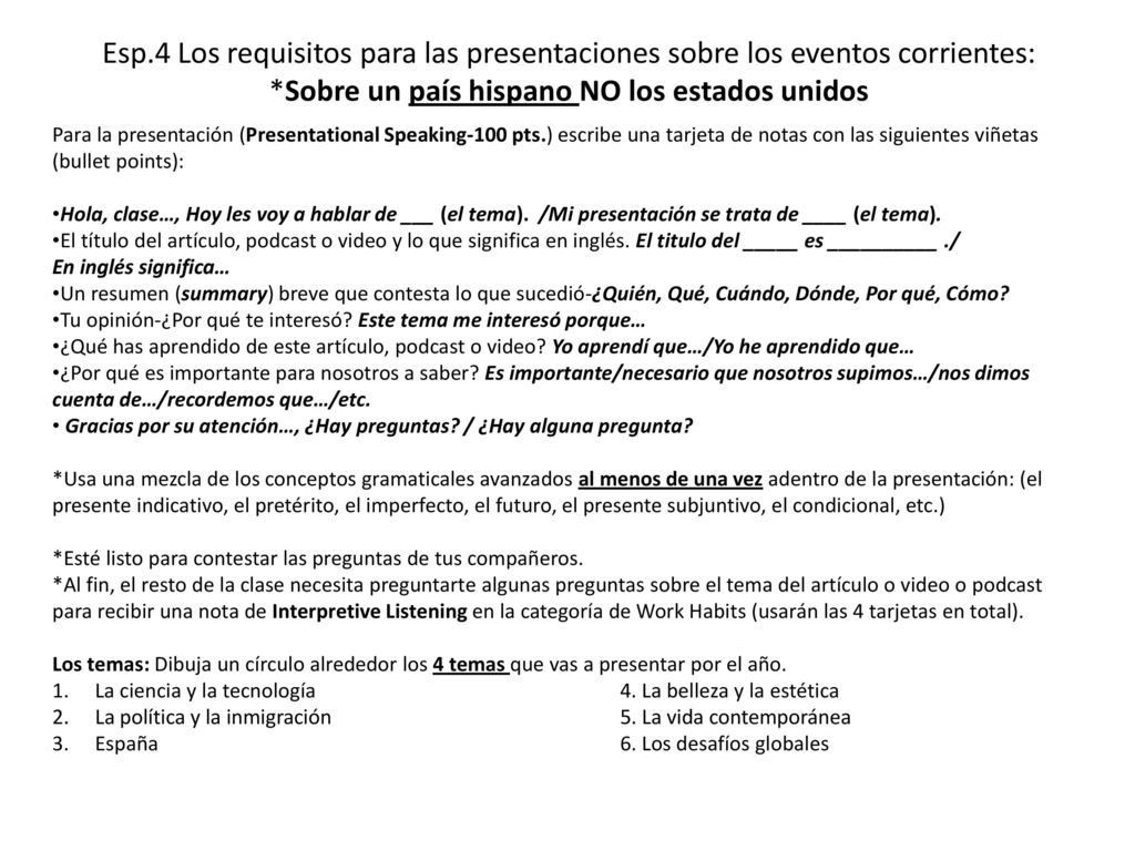 Esp.4 Los requisitos para las presentaciones sobre los eventos corrientes: *Sobre un país hispano NO los estados unidos