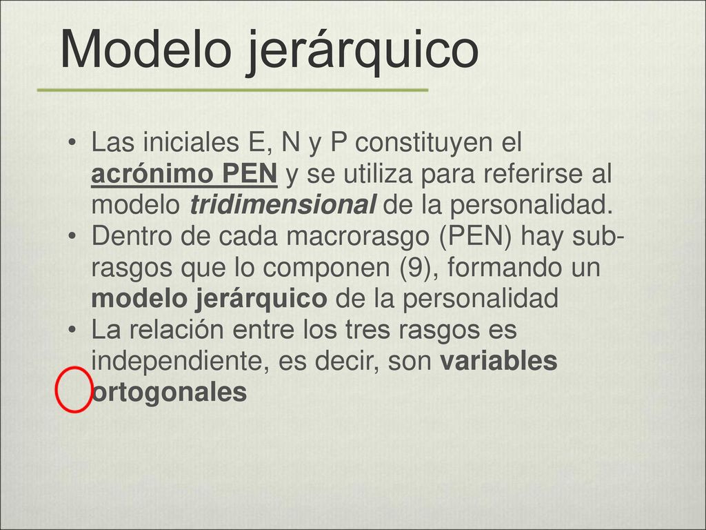 Modelo jerárquico Las iniciales E, N y P constituyen el acrónimo PEN y se utiliza para referirse al modelo tridimensional de la personalidad.