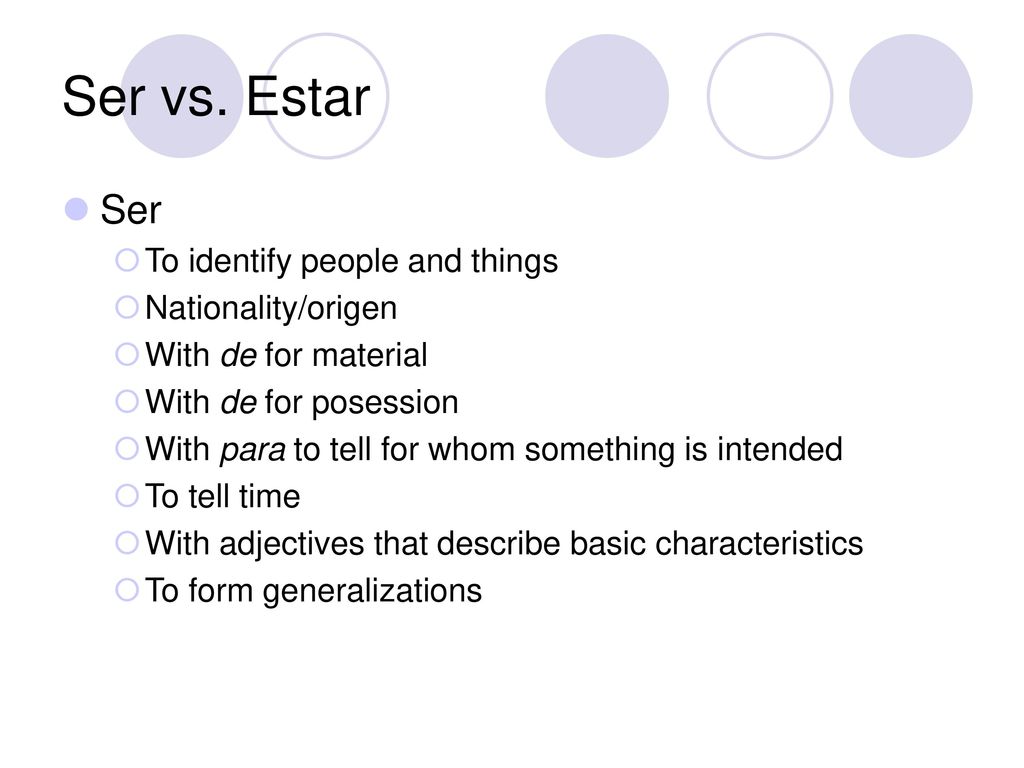 Ser vs. Estar Ser To identify people and things Nationality/origen