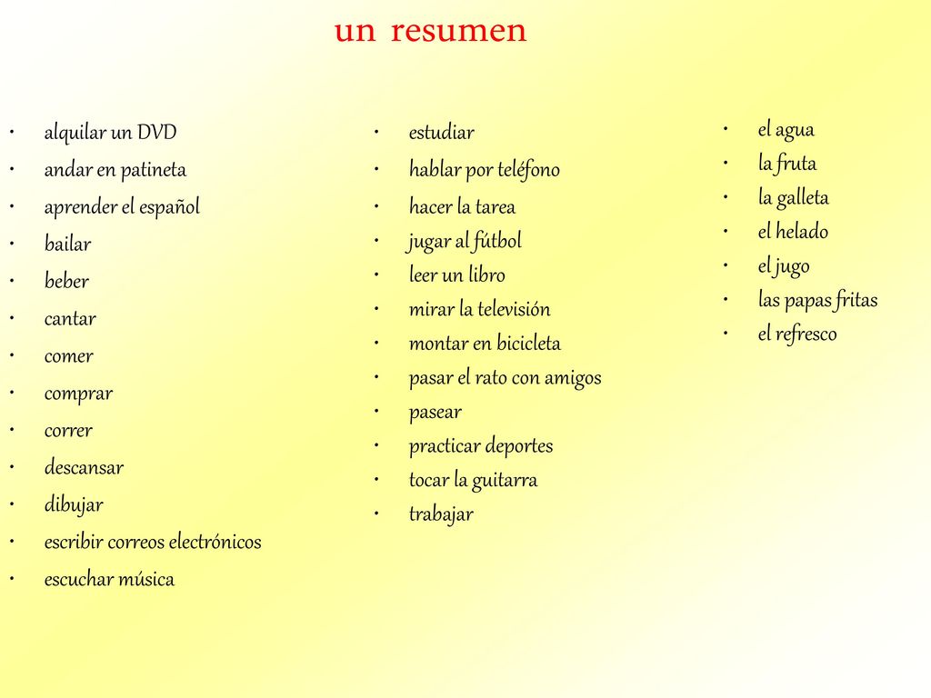 un resumen alquilar un DVD andar en patineta aprender el español