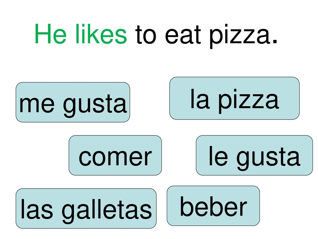 He likes to eat pizza. la pizza me gusta comer le gusta beber las galletas