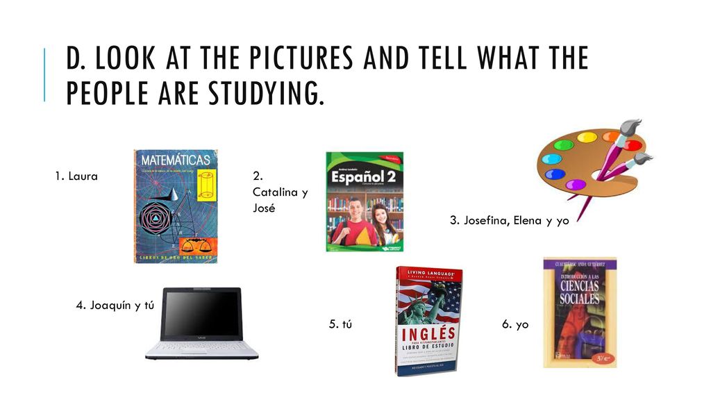 D. Look at the pictures and tell what the people are studying.