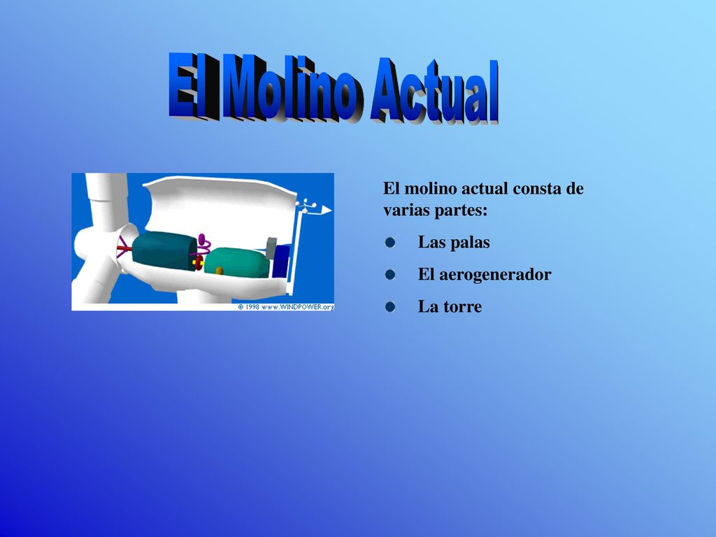 El Molino Actual El molino actual consta de varias partes: Las palas