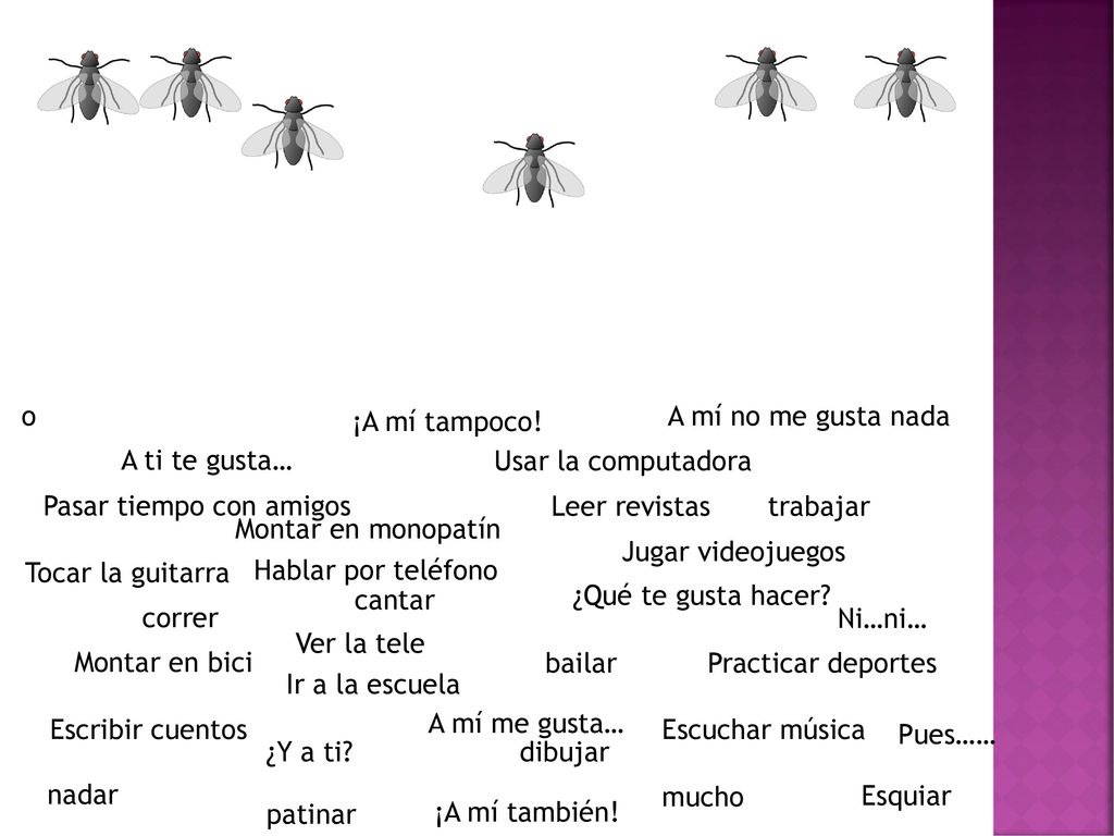 o ¡A mí tampoco! A mí no me gusta nada. A ti te gusta… Usar la computadora. Pasar tiempo con amigos.
