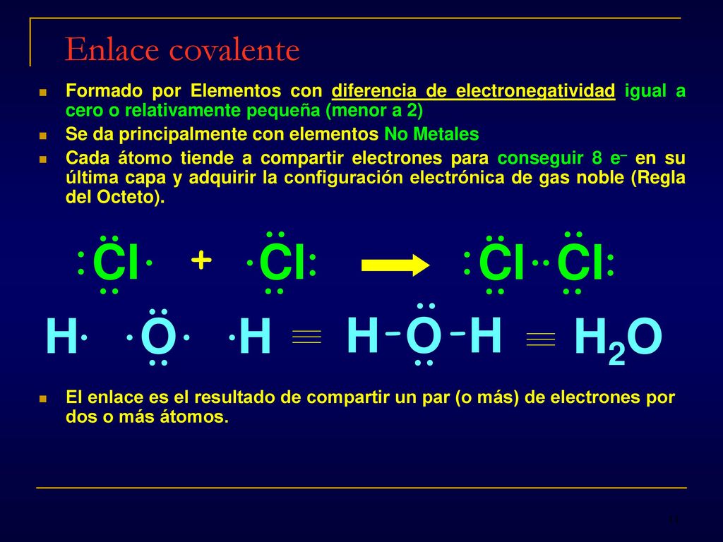 Enlace covalente Formado por Elementos con diferencia de electronegatividad igual a cero o relativamente pequeña (menor a 2)
